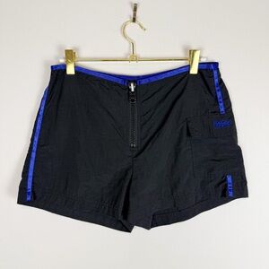 Vintage Y2K Mossimo Black Blue Nylon Mid Rise Mini Shorts Zip Front Size Small